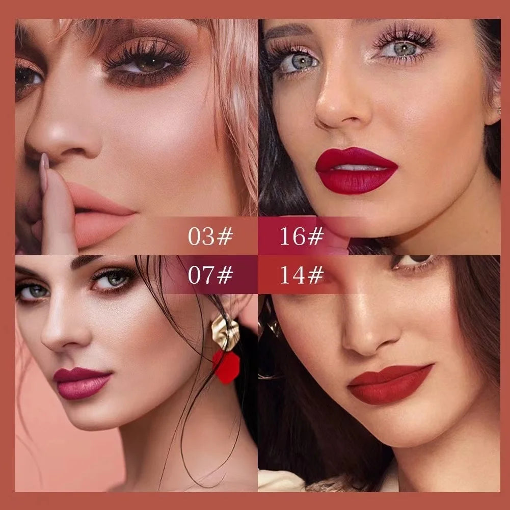 Long-lasting, waterproof matte lipstick set featuring bold red, pink, and nude shades for all skin types.