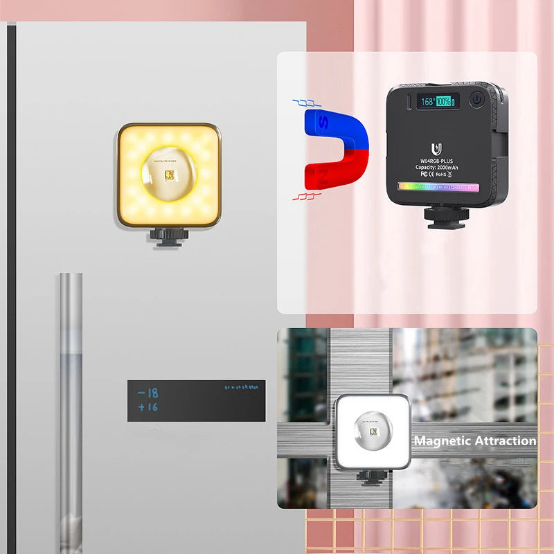 Square magnetic RGB LED video light with a digital display, shown attached to a refrigerator for portable lighting.