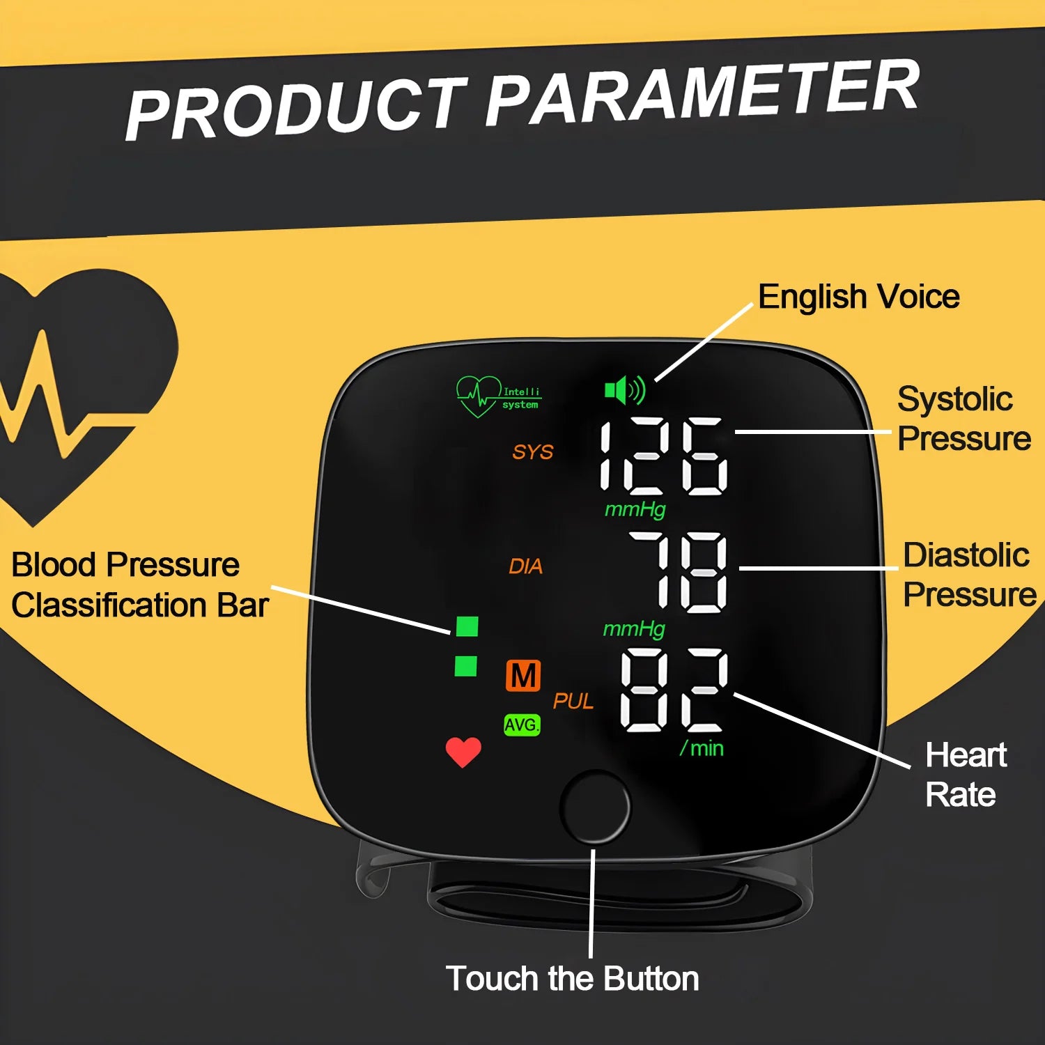 Touch Screen LED Rechargeable Wrist Blood Pressure Monitor English Voice Broadcast Tonometer BP Monitor Pulse
