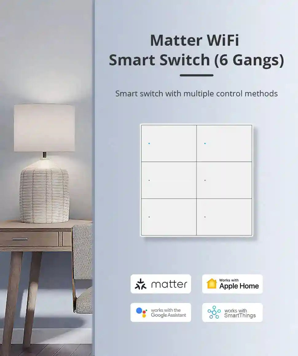 Matter Smart Wall Light Switch WiFi | 1-6 Gang Multi-Room Control Tidesmit