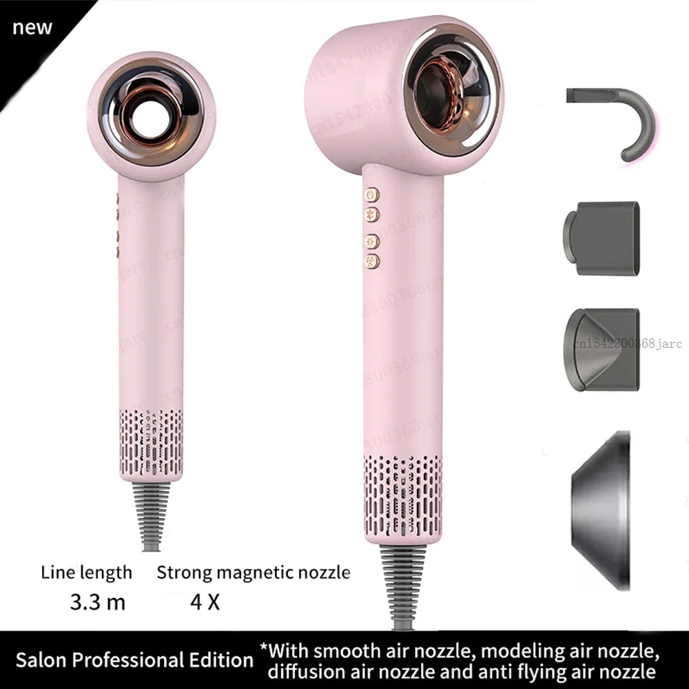 Pink professional ionic hair dryer with 4 magnetic styling attachments for salon-quality results and fast drying.