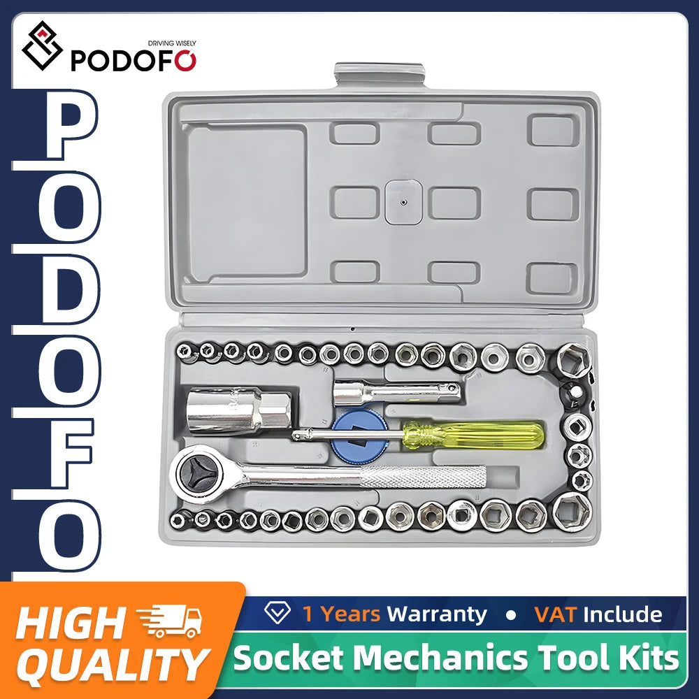 Podofo 40 Pieces Socket Wrench Tool Set 1/4 Inch 3/8 Inch Drive Ratcheting Spanner Kit Multi Purpose Mechanical Repair Hand Tools For Household Auto Maintenance