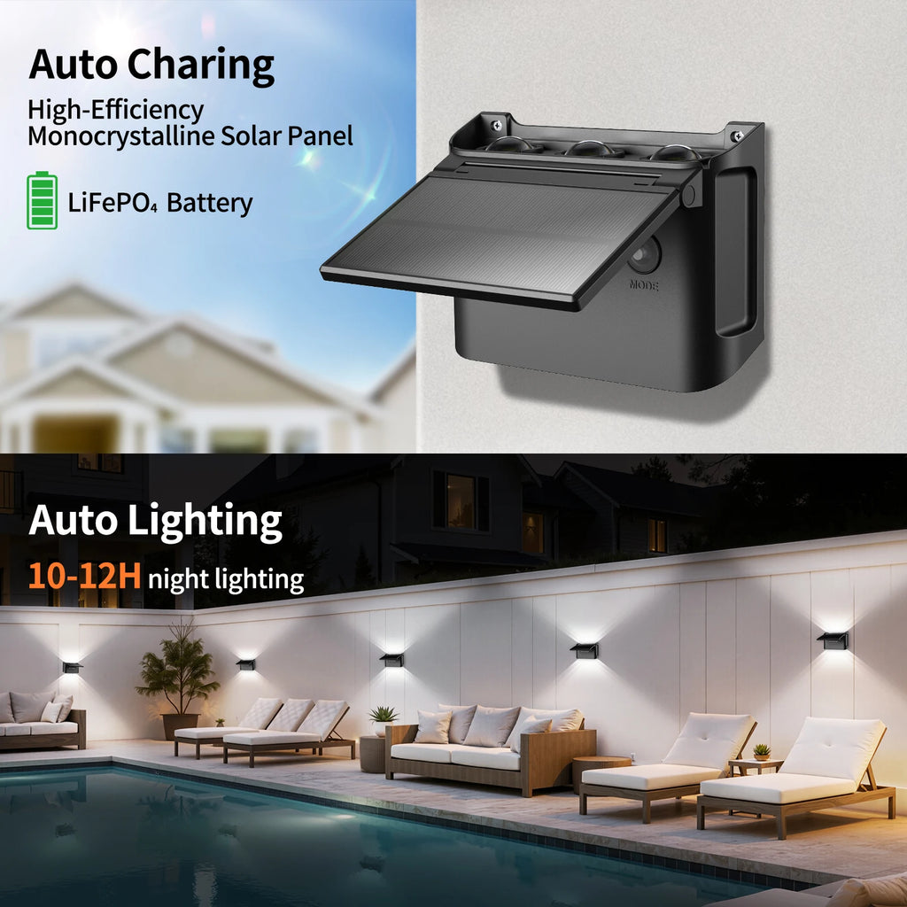 intelamp Solar Wall Lights 2 Pack with Remote, 3 Color Modes, IP65 | Customizable Up/Down lighting, IP65 Waterproof Solar Lamp for Outdoor Walls, Fences, Patios and Entryways