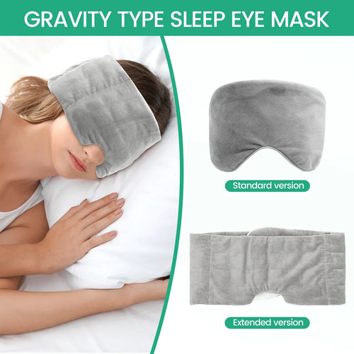 Weighted eye mask, soft breathable blackout sleep mask for deep sleep, adjustable strap, standard and extended versions.