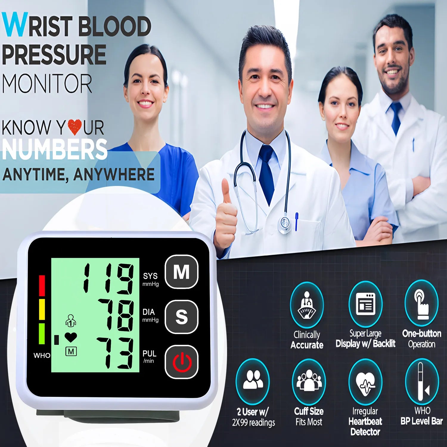 Digitlal Tensiometro Health Medical BP Sphygmomanometer Wrist cuff Digital Blood Pressure Monitor Heart Beat Rate Pulse Meter