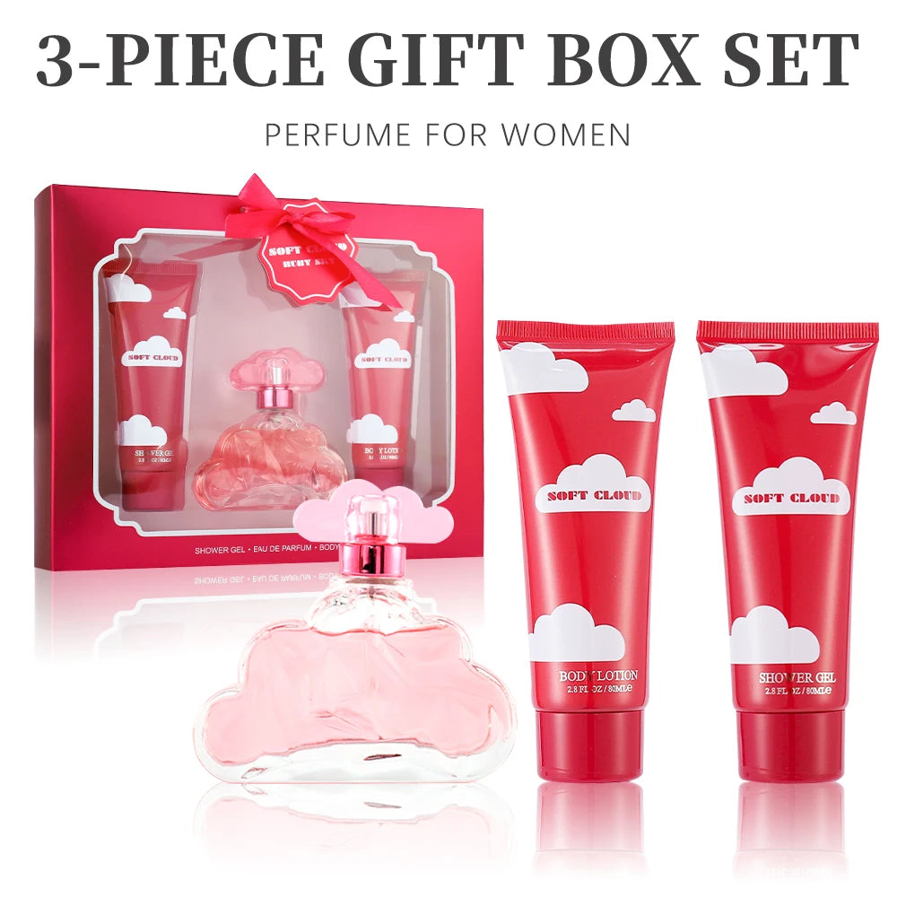 Soft Cloud Ruby Sky 3-piece perfume gift set for women: 3.4oz EDT, lavender, pear, bergamot in cloud-shaped bottle.