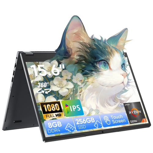 Black 2-in-1 laptop in tent mode displaying a cat illustration and system specs on its 15.6" 1080p touchscreen.