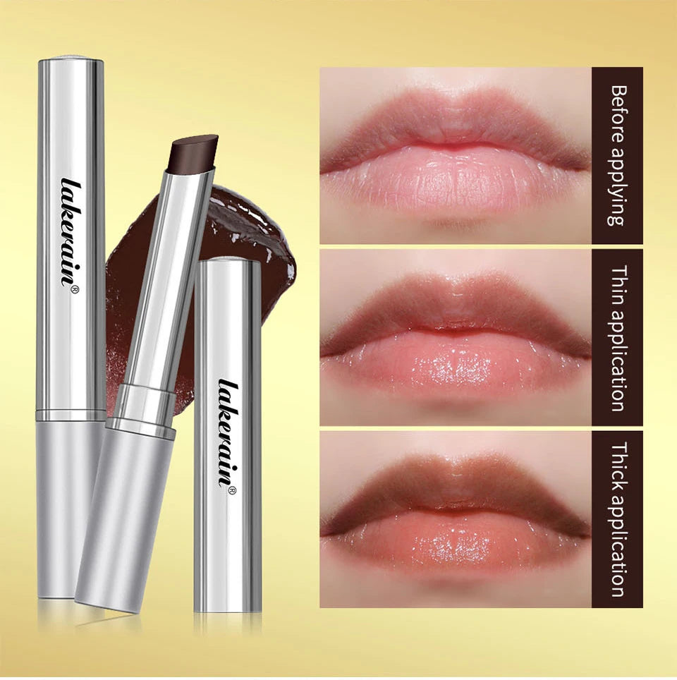 Lakerain black honey lipstick balm, moisturizing lip plumper showing color swatches from thin to thick application.