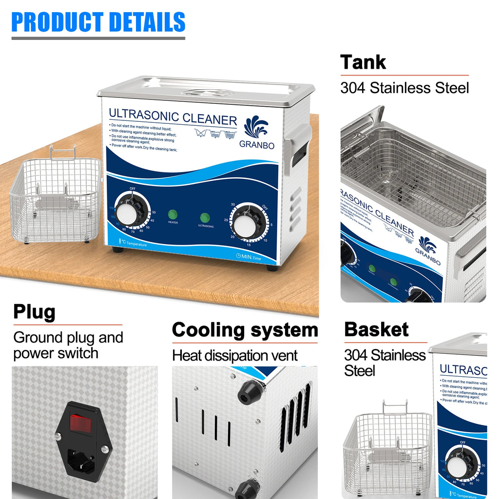 Tidesmit 3.2L Ultrasonic Cleaner with 180W heater, 40KHz transducer for cleaning jewelry, watches, and PCB parts.