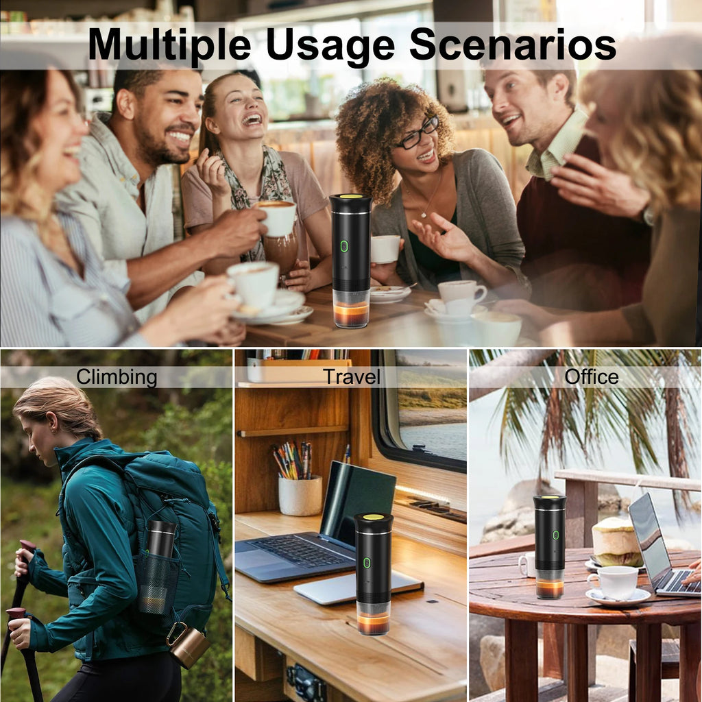 Portable black espresso maker for travel, office, and hiking shown in multiple lifestyle usage scenarios.