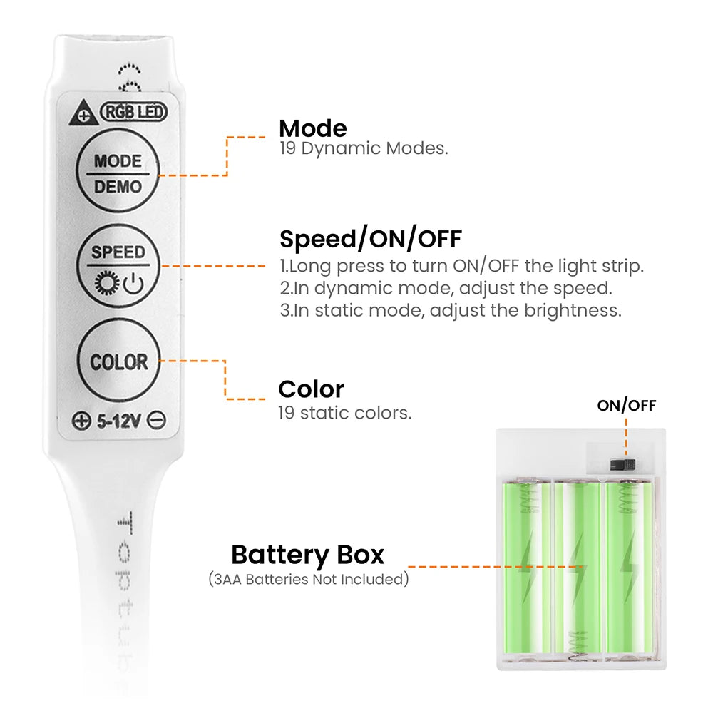 Bluetooth RGB LED Neon Strip Light 5V 3AA Battery Box 17Key 24key 44key Remote Control 108Leds/M 1M 2M 3M Waterproof Home Decor