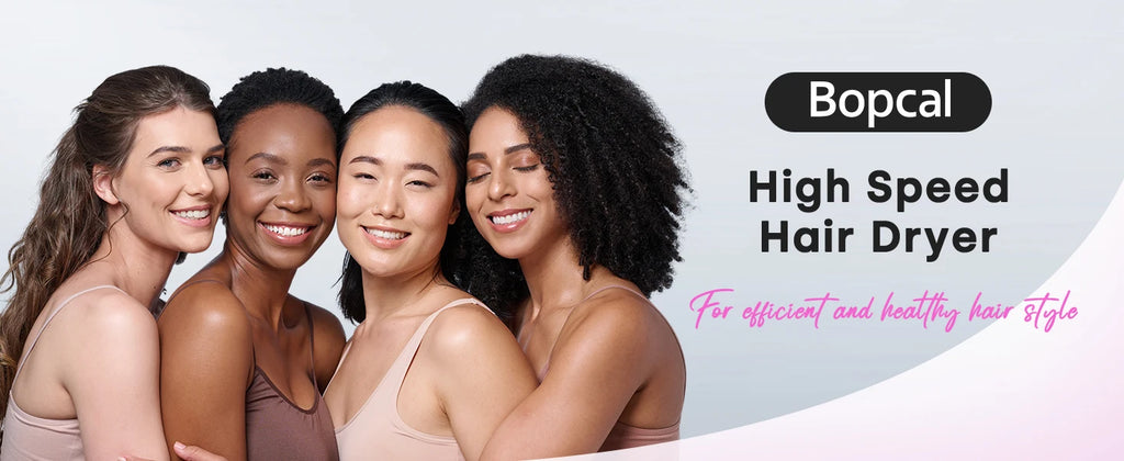 Bopcal high-speed negative ion hair dryer for all hair types, featuring fast, healthy drying for efficient styling.
