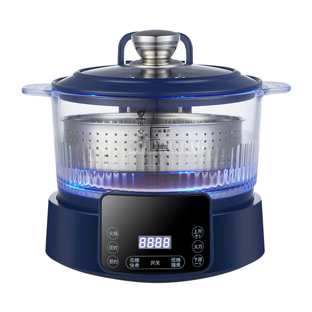 Blue electric rice cooker with transparent top lid and perforated steaming basket