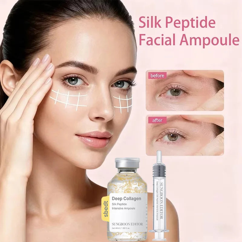 SUNGBOON EDITOR Deep Collagen Silk Peptide Ampoule: lifting facial essence in a clear glass bottle with syringe pump.