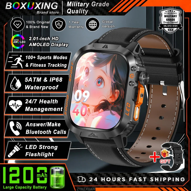 New 1200 mAh Battery Rugged Military Smartwatch Men 5ATM Waterproof Fitness Tracker Health Monitor 100+Sports Call Smart Watches