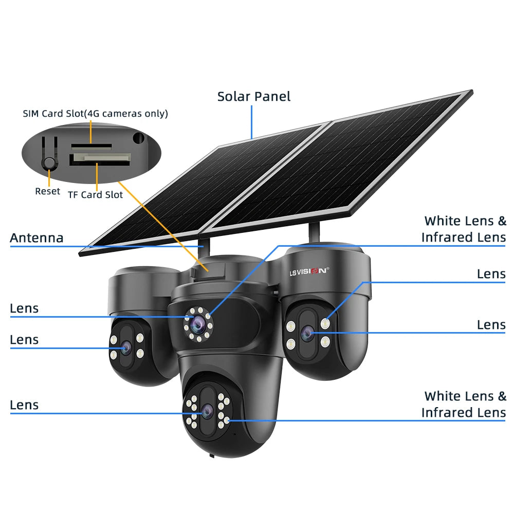 LS VISION 20MP 4 Screen 4G AOV  Solar Camera 12X Zoom 3 PTZ 360° 24/7 Video Recording  AI Humanoid Auto Tracking CCTV IP Camera