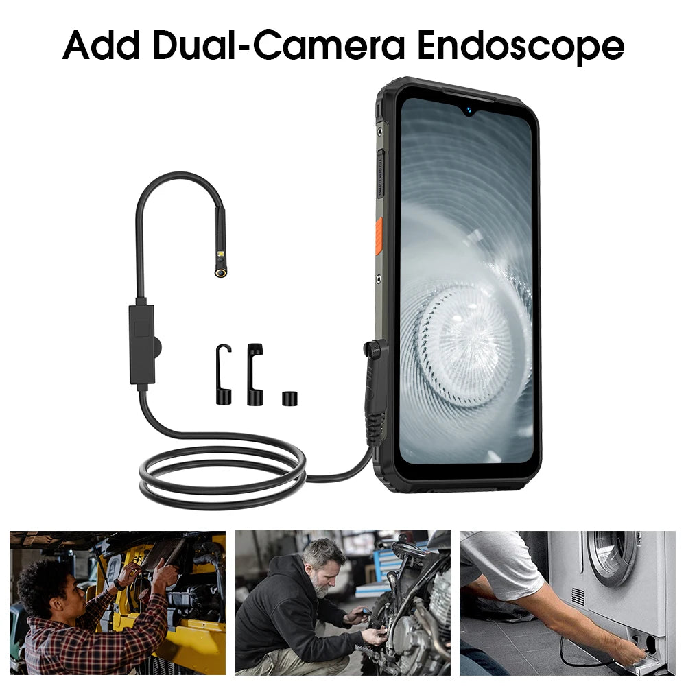 Ulefone Armor 21 rugged phone with black dual-camera endoscope, showing screen view and mechanical repair use cases.