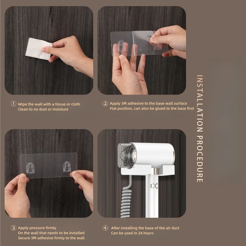Easy installation guide for white wall-mounted hair dryer with 3M adhesive mount, no-drill design for home or hotel.