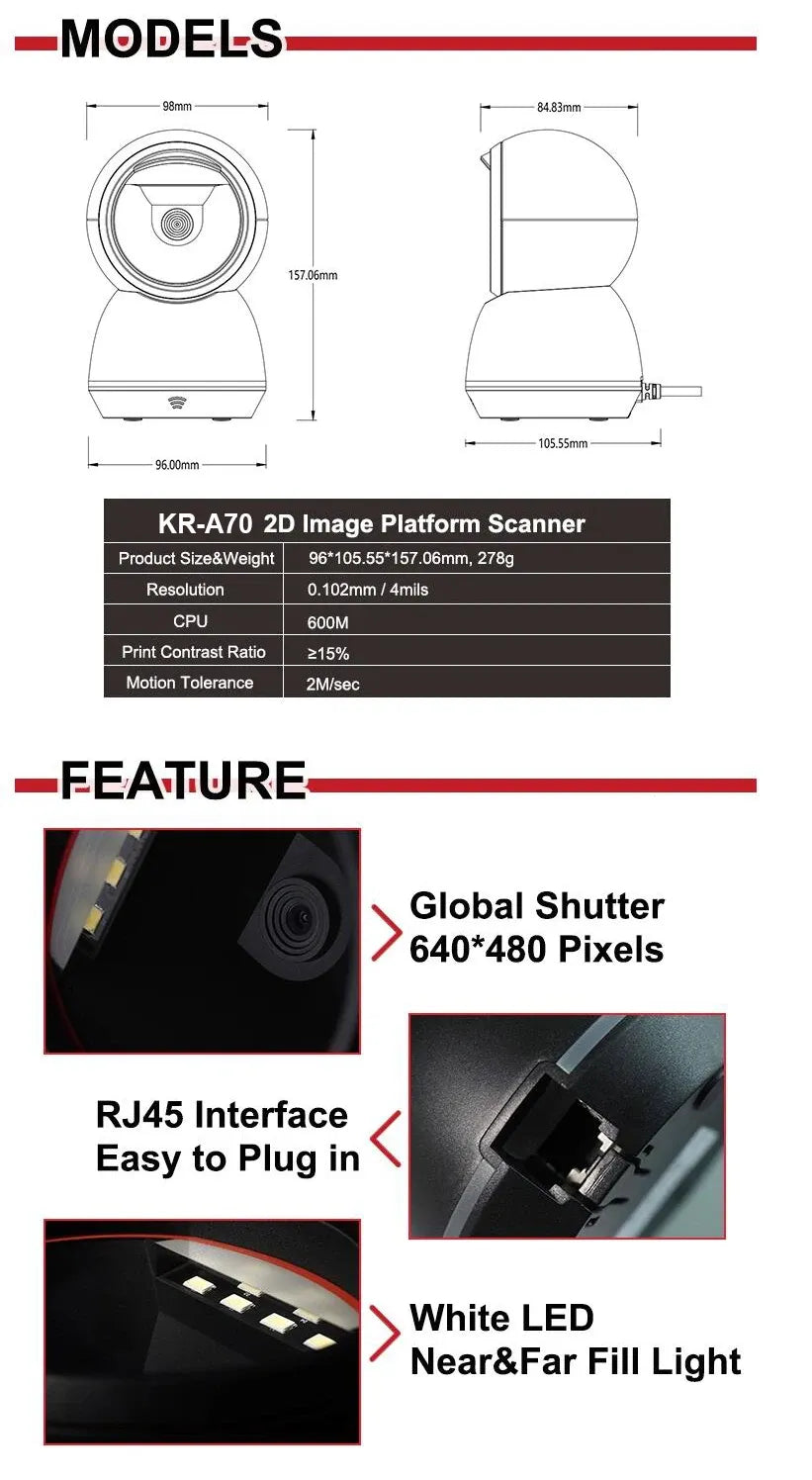 2D image platform scanner diagram showing dimensions, RJ45 port, and LED lighting features