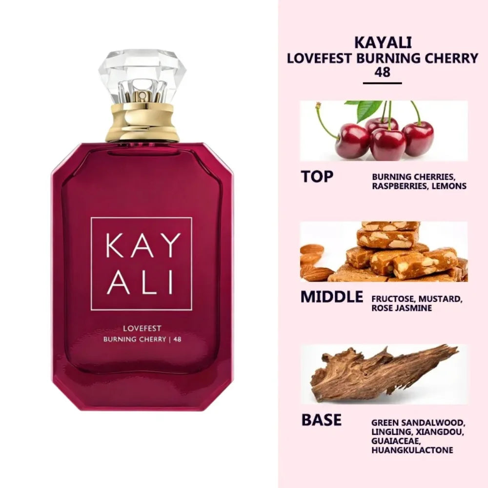 Deep red rectangular perfume bottle with gold neck and diamond cap, highlighting cherry, nut, and wood scent notes.