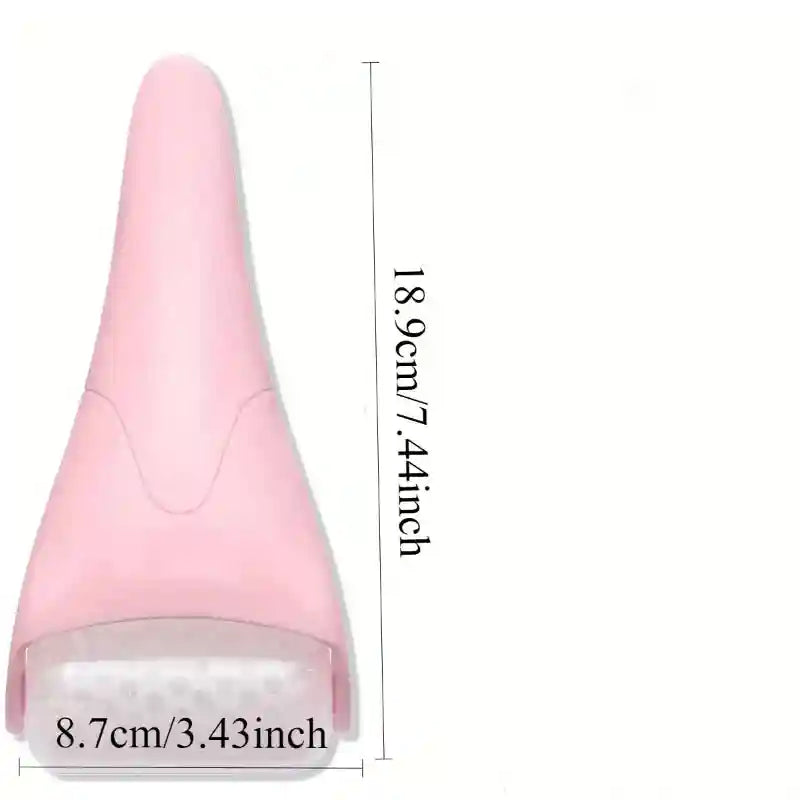 Light pink handheld facial ice roller with a translucent textured cooling head and measurement labels.