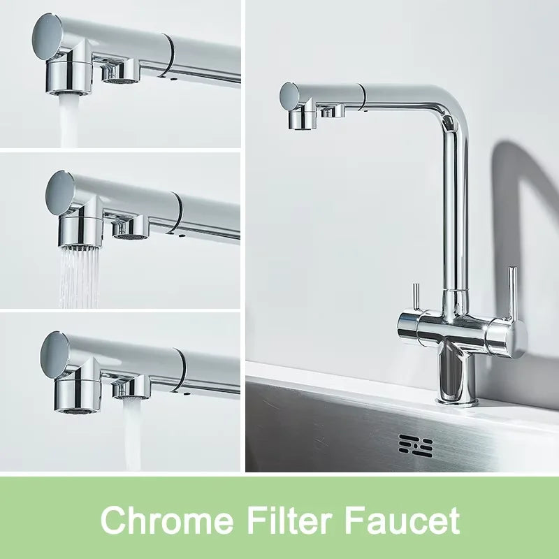 Black Water Purifier Kitchen Faucet 2 In 1 Pull Out Flexible Hot and Cold Water Mixer Tap with Filter Nozzle Faucets