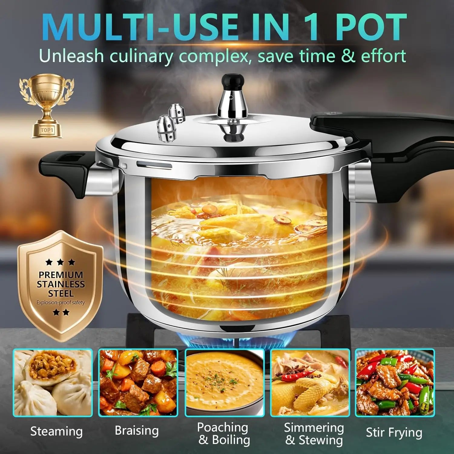 Stainless steel multi-use pressure cooker with lid and cooking pot with visible liquid