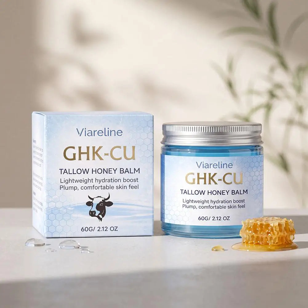Viareline GHK-CU Copper Peptide Tallow Balm Day & Night Cream Firm Moisturize Honey Blue Balm for Mature, Dry & Sensitive Skin