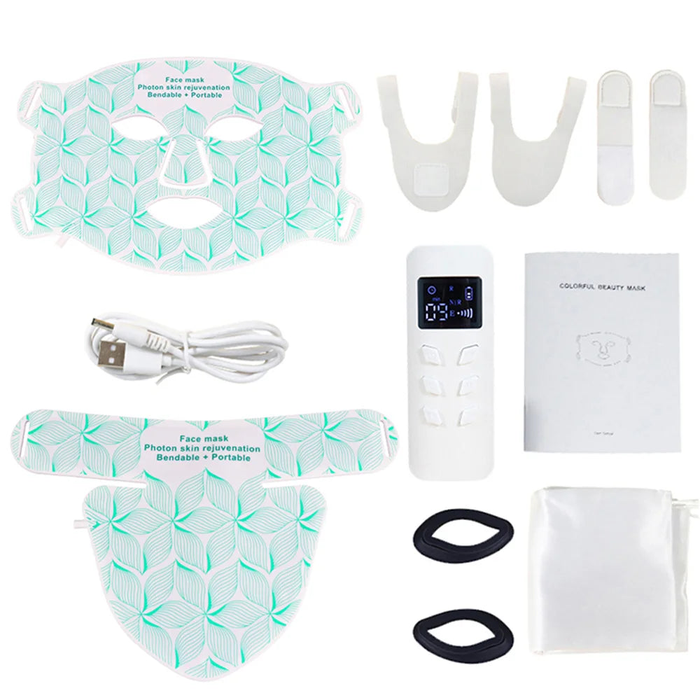8-color LED light therapy face and neck mask kit with controller for anti-aging, acne, and skin rejuvenation.