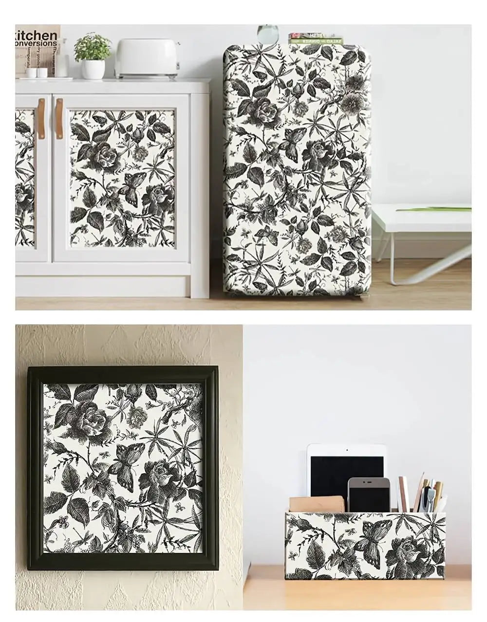 Removable peel-and-stick floral wallpaper panel with black watercolor botanical print
