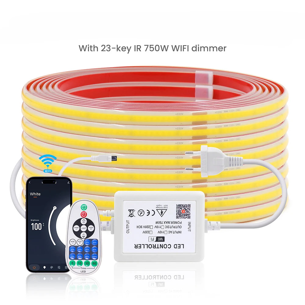 220V Dimmable COB LED Strip Light WIFI Bluetooth Wall Touch 23key Remote Control Power Kit 288LEDs/M Waterproof Flexible Lamp