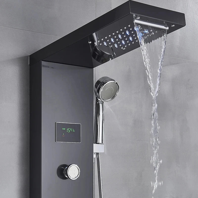 LED Shower Panel Waterfall Rain Digital Display Shower Faucet Set SPA Massage Jet Bathroom Column Mixer Tap Tower System