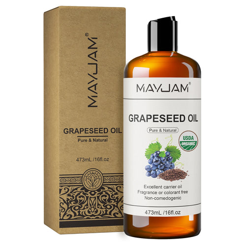 Grapeseed oil bottle with kraft box, amber liquid, 473 mL, pure & natural label