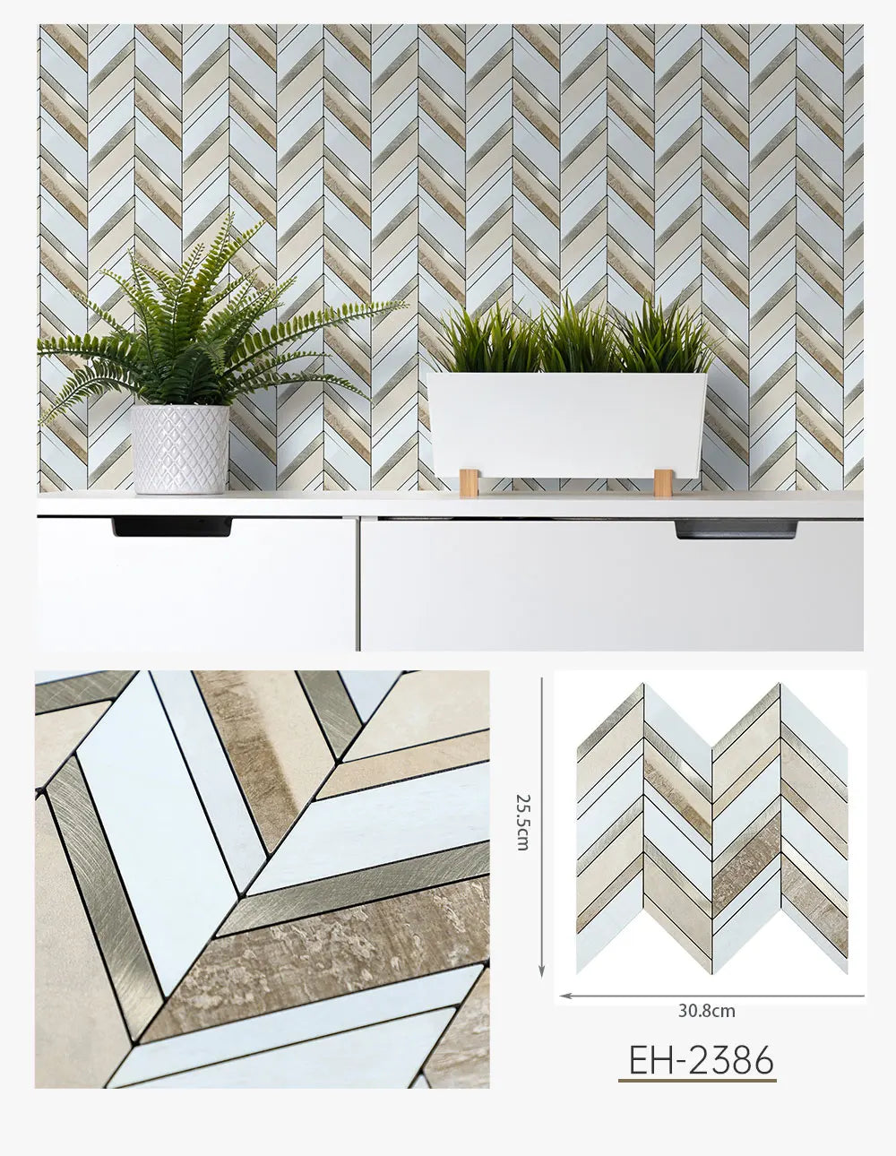 Herringbone peel-and-stick faux stone backsplash tiles, off-white and dark gray chevron