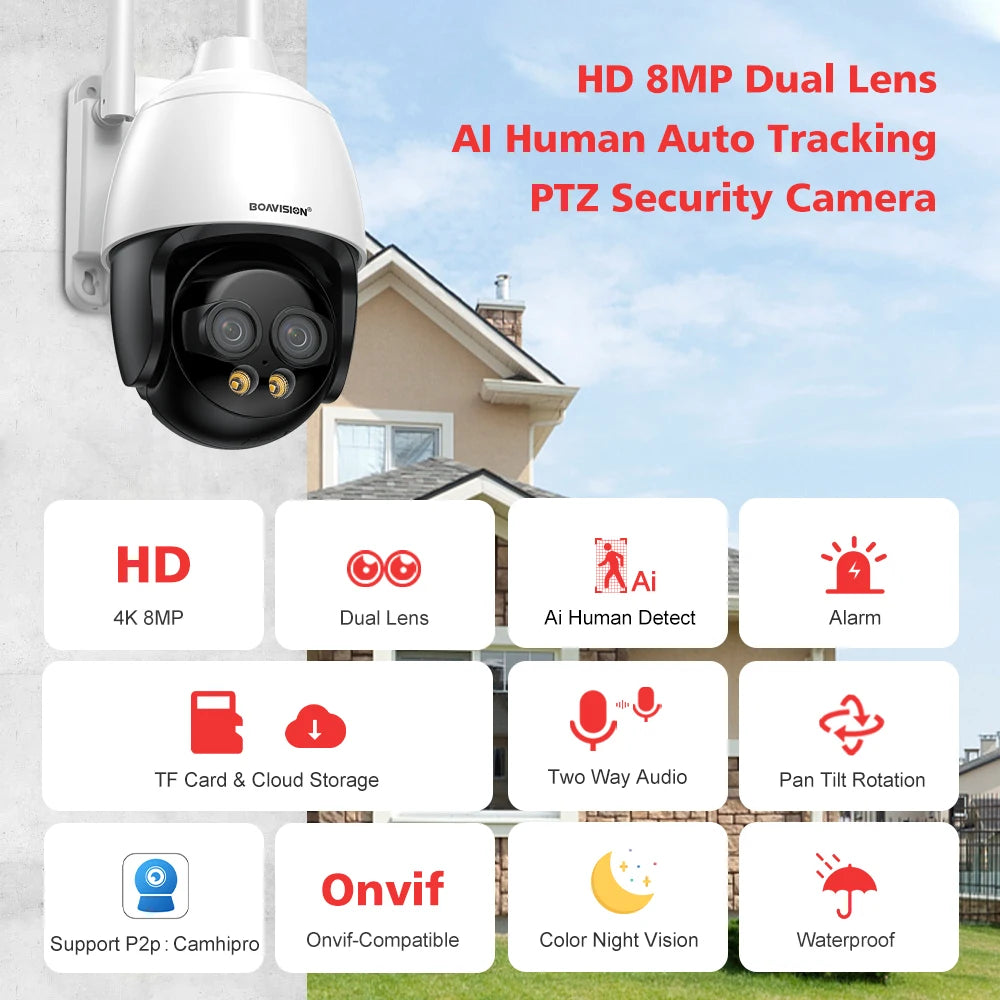 WIFI/4G /POE Surveillance Camera HD 8MP 2.8mm 8mm Dual Lens 10X Digital Zoom AI Humanoid Detection Auto Tracking Security Camera
