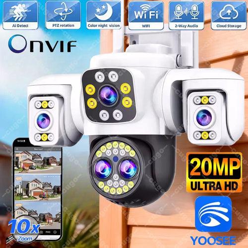 Outdoor PTZ WiFi security camera, white, with three lenses and dual antennas