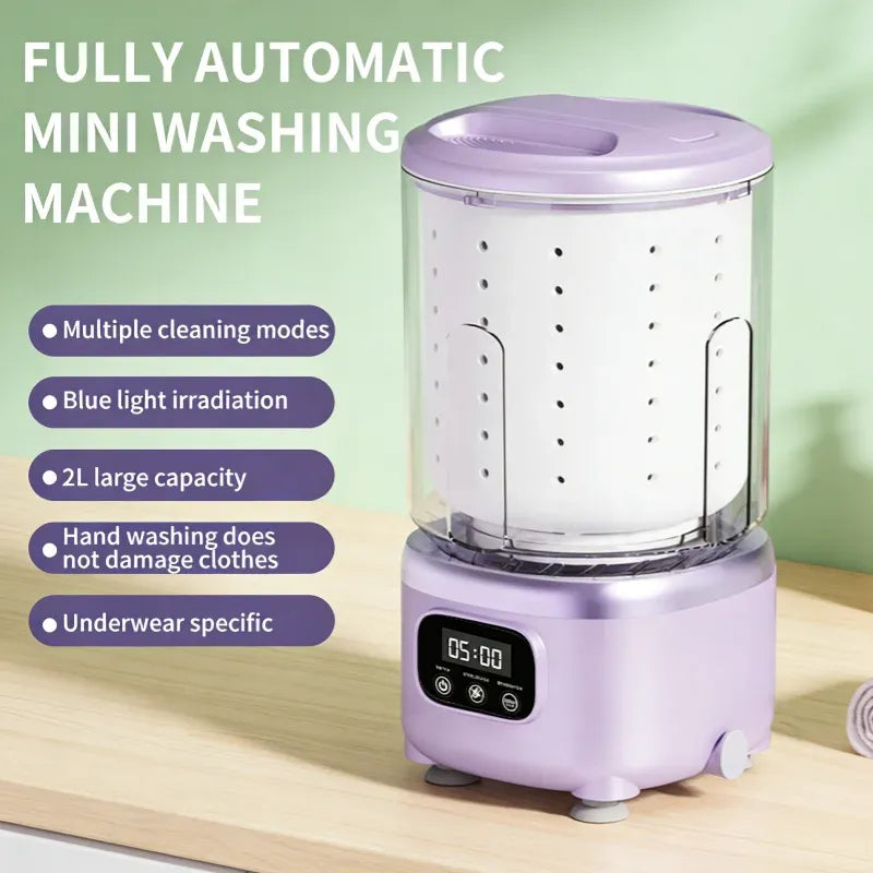 Fully automatic mini washing machine in purple with digital display and 2L capacity for delicates.