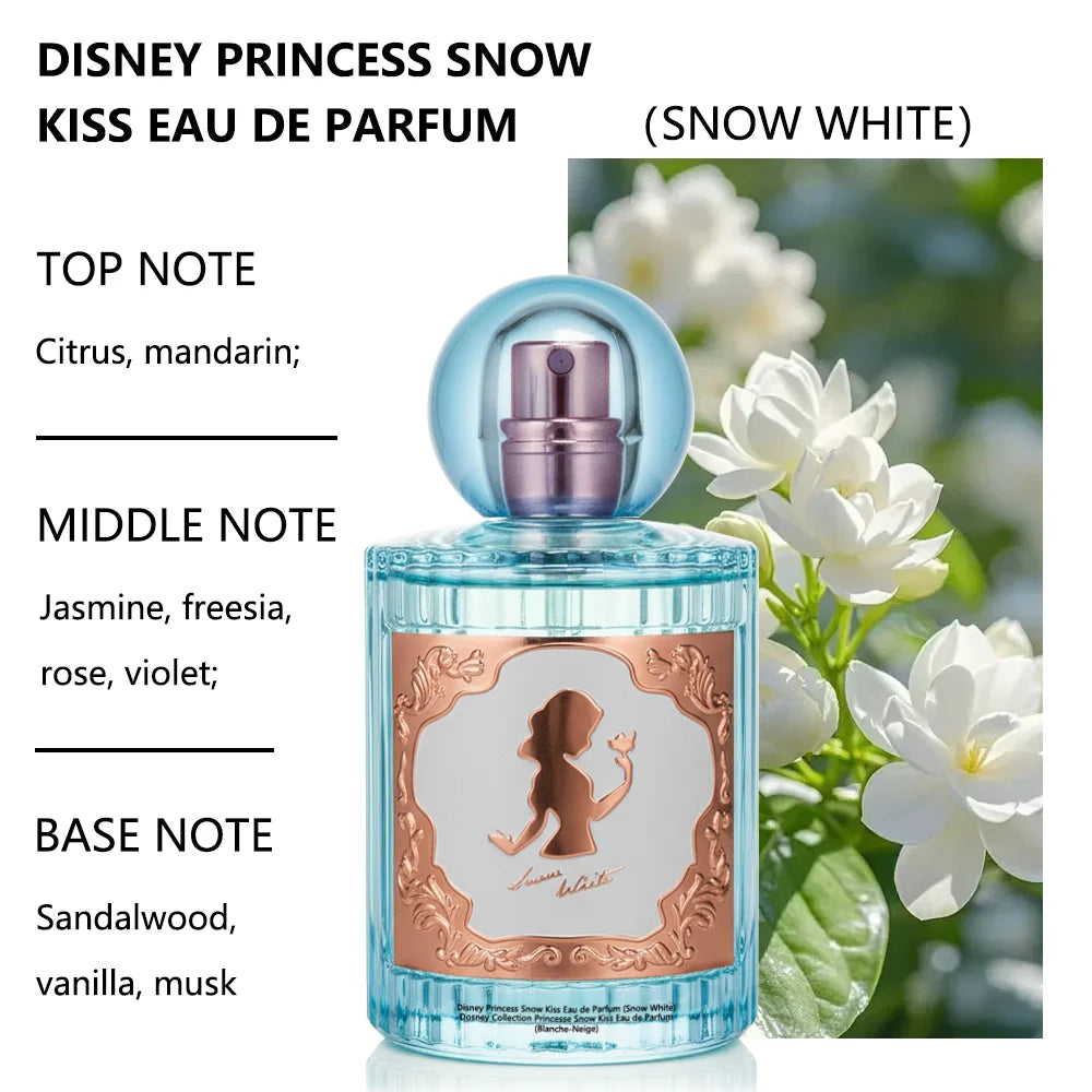 MINISO Disney Snow White Kiss EDP, 50ml floral perfume for women in a round blue bottle with rose gold silhouette.