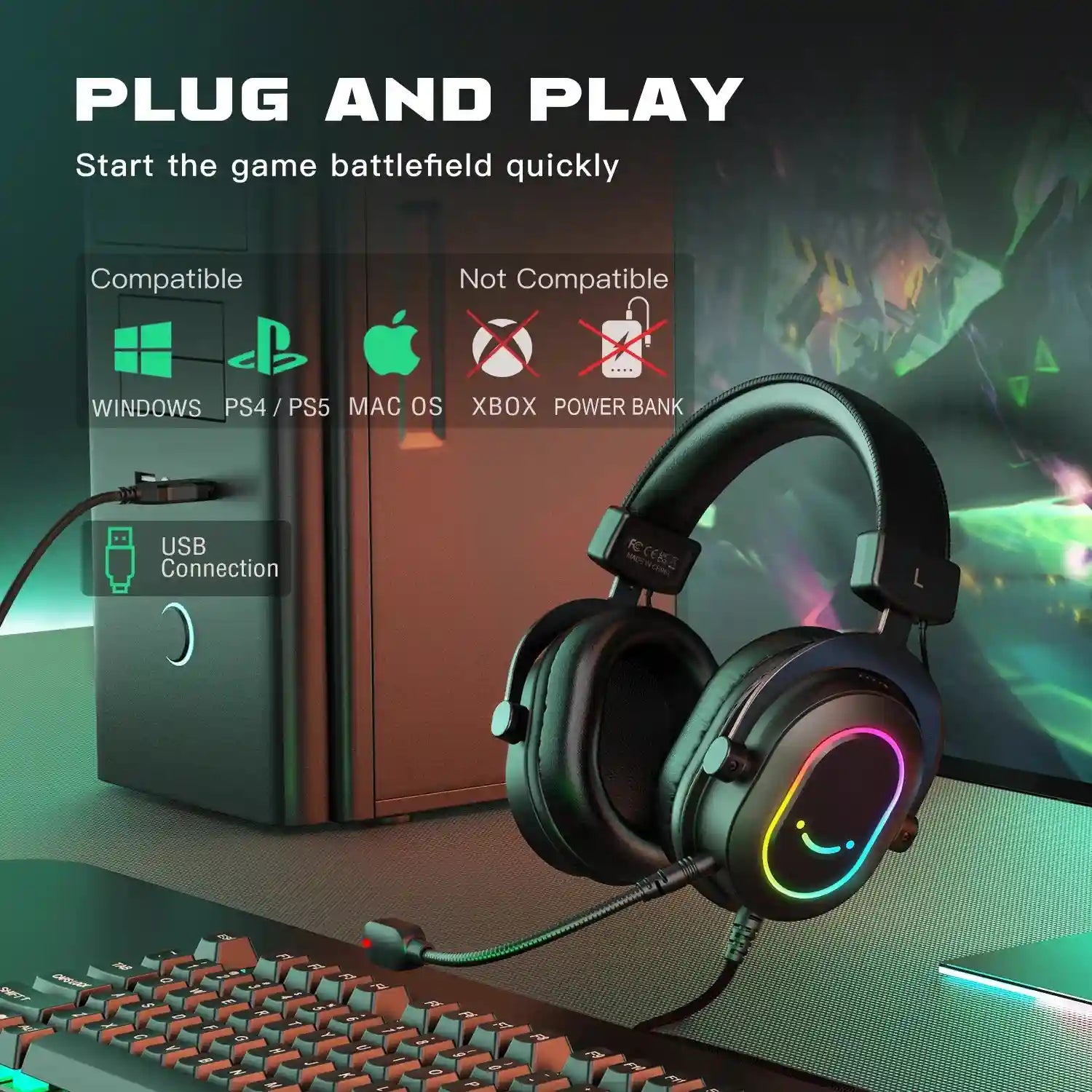 Dynamic RGB Wireless Gaming Headset with 7.1 Surround Sound - Tidesmit Tidesmit