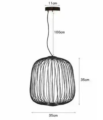 Black metal wire cage pendant light, 35cm diameter, for indoor ceiling lighting. Dimensions included in diagram.