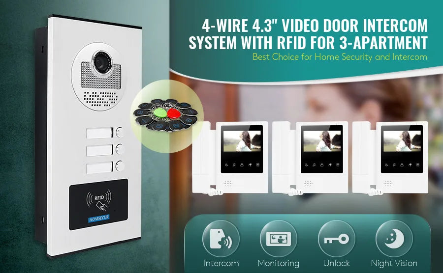 4.3" Hands-free Video Door Phone Intercom System for 3 Families RFID Outdoor Unit 3 Monitors Wired Doorbell Home Access Control