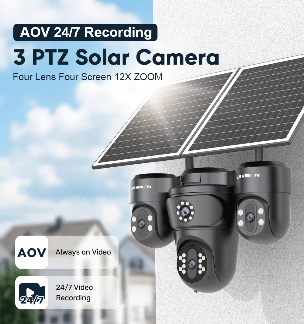 LS VISION 20MP 4 Screen 4G AOV  Solar Camera 12X Zoom 3 PTZ 360° 24/7 Video Recording  AI Humanoid Auto Tracking CCTV IP Camera