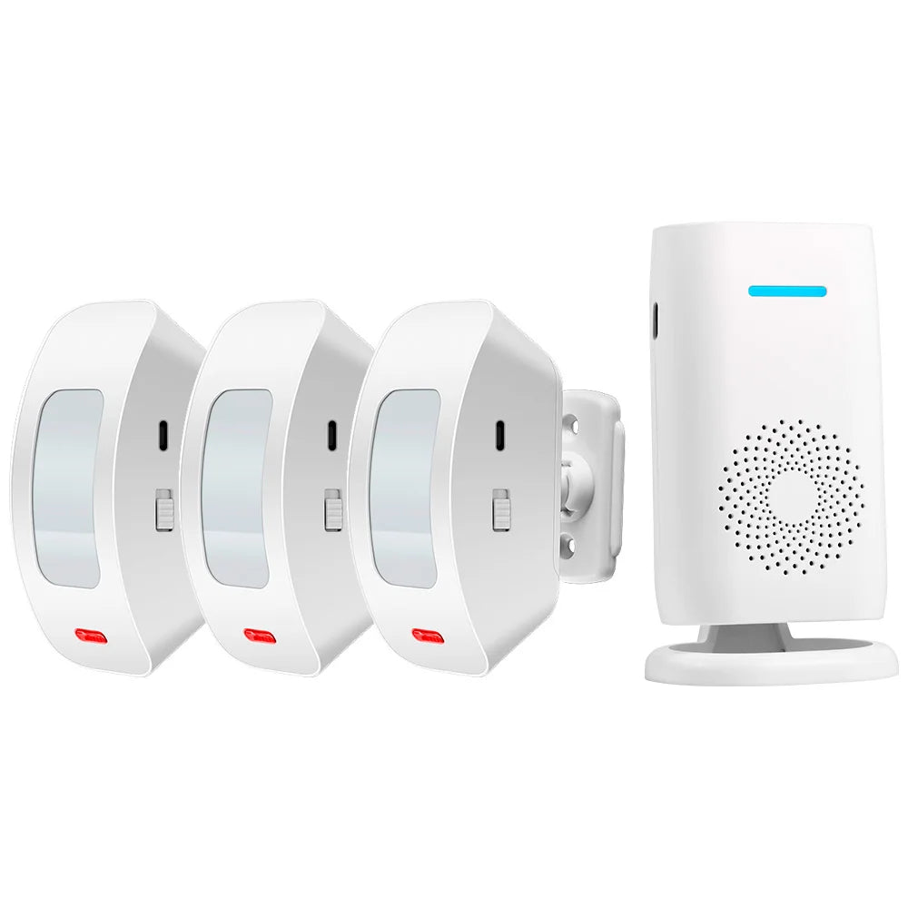 Wireless doorbell chime alarm kit with PIR sensor, wall chimes and tabletop receiver