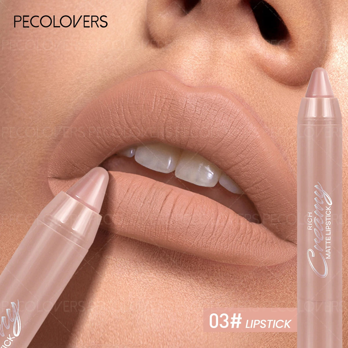 Soft matte nude lip crayon and liner pencil for moisturizing everyday lip makeup. Close-up of creamy beige lipstick.