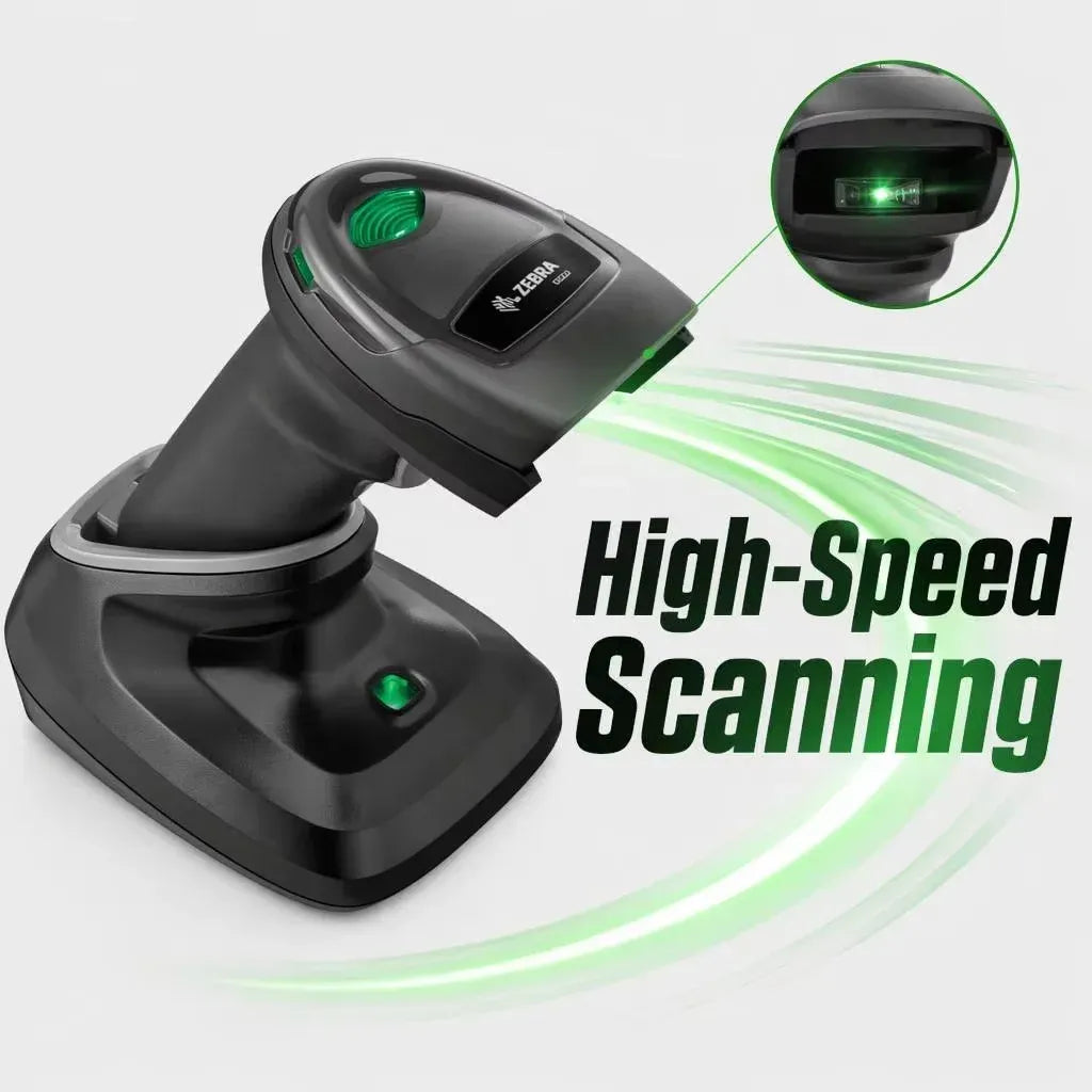 Black barcode scanner on green-lit base with visible scan beam lines