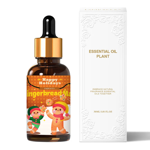Gingerbread aromatherapy essential oil in amber bottle with festive label and white embossed box for wellness at home.