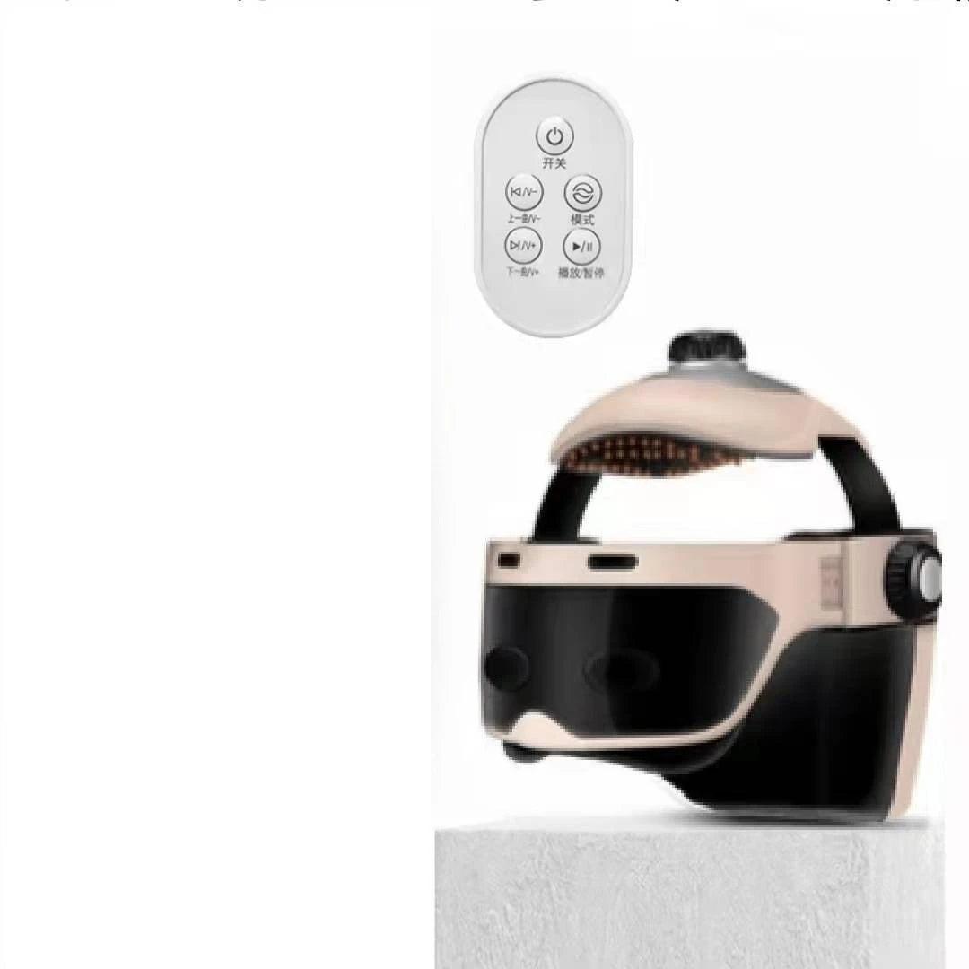 Beige integrated head and eye massager helmet with remote control for scalp and eye therapy and stress relief.