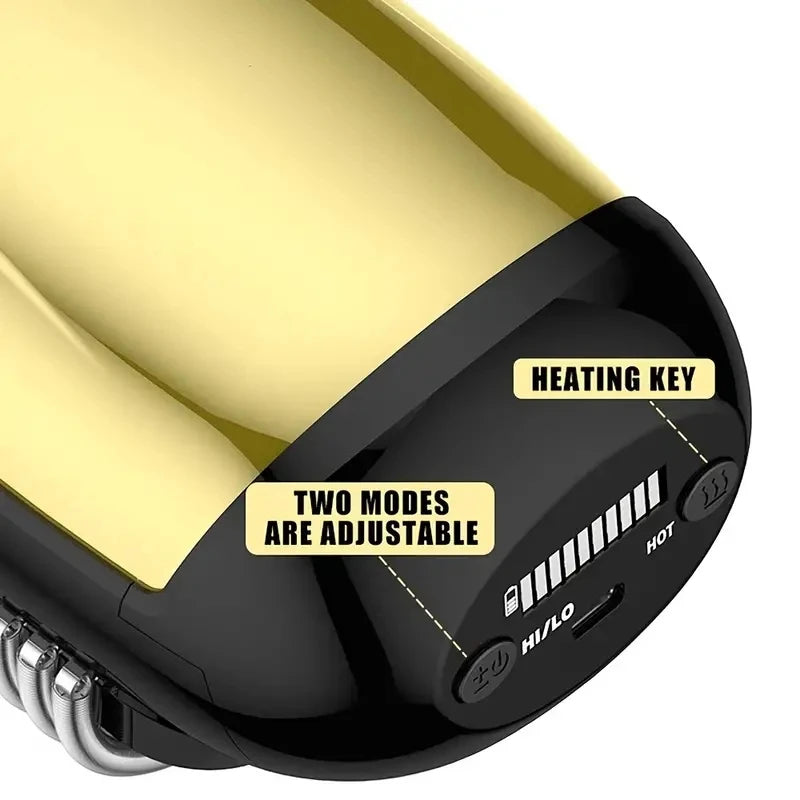 Gold-toned cordless hand massager showing a black control panel with heating and vibration mode buttons.