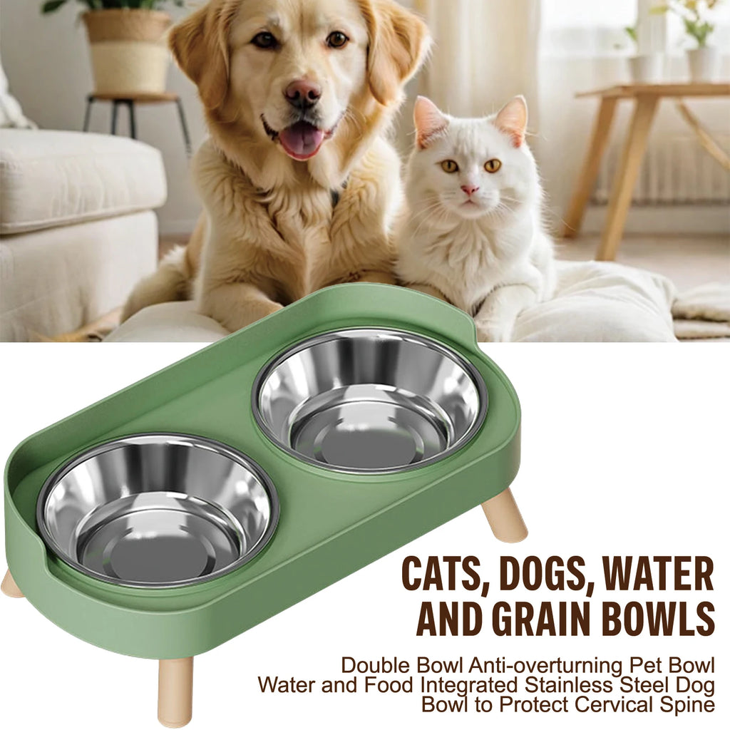 Elevated green stainless steel dual pet feeder for cats and dogs, designed to protect cervical spine and prevent slipping.