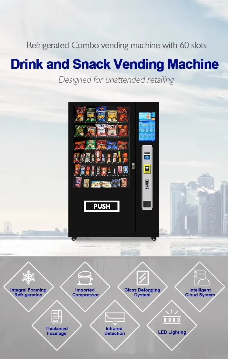 Refrigerated vending machine with touch screen panel, push button, and product shelves behind glass